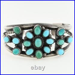 Traditional Navajo Sterling Silver 14 Turquoise Stone Cluster Cuff Bracelet