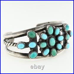 Traditional Navajo Sterling Silver 14 Turquoise Stone Cluster Cuff Bracelet