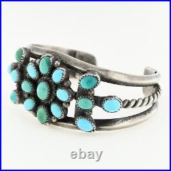 Traditional Navajo Sterling Silver 14 Turquoise Stone Cluster Cuff Bracelet