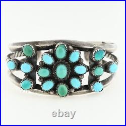 Traditional Navajo Sterling Silver 14 Turquoise Stone Cluster Cuff Bracelet