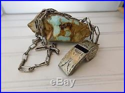 Vtg 40s Stamped NAVAJO POLICE WHISTLE Hand Wrought Sterling Silver Link Necklace