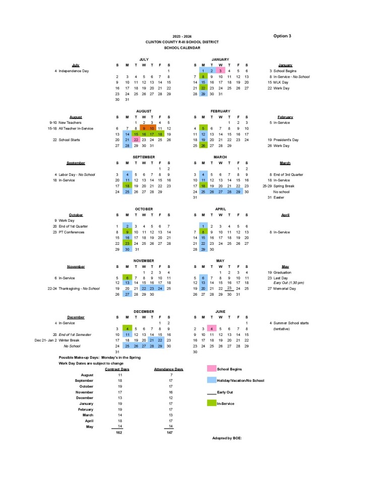 2023 - 2024 School Calendar | Clinton County R3 School District