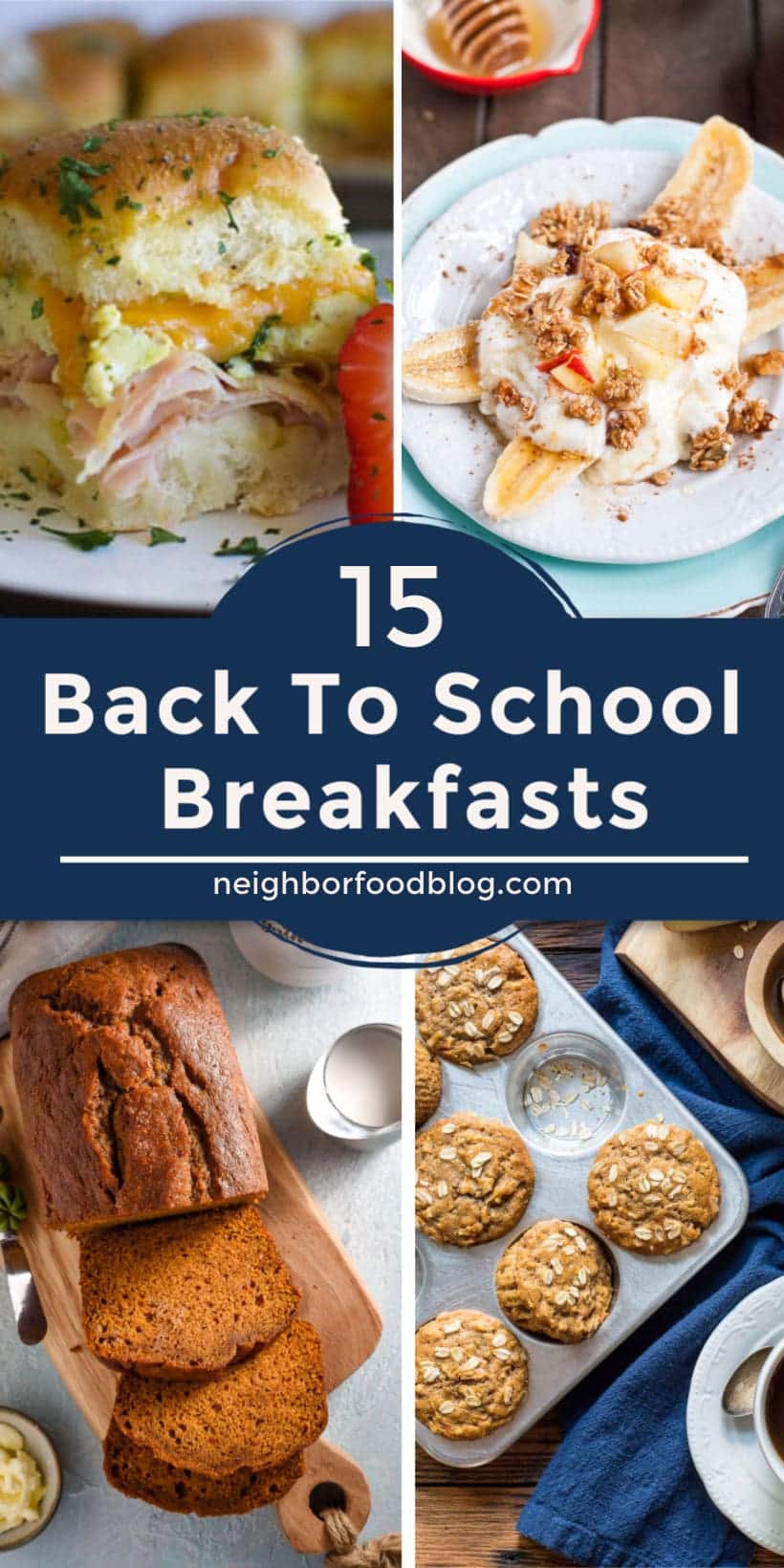 Back to school breakfast photos including pumpkin bread, apple oatmeal muffins, yogurt banana split, and egg and cheese sliders