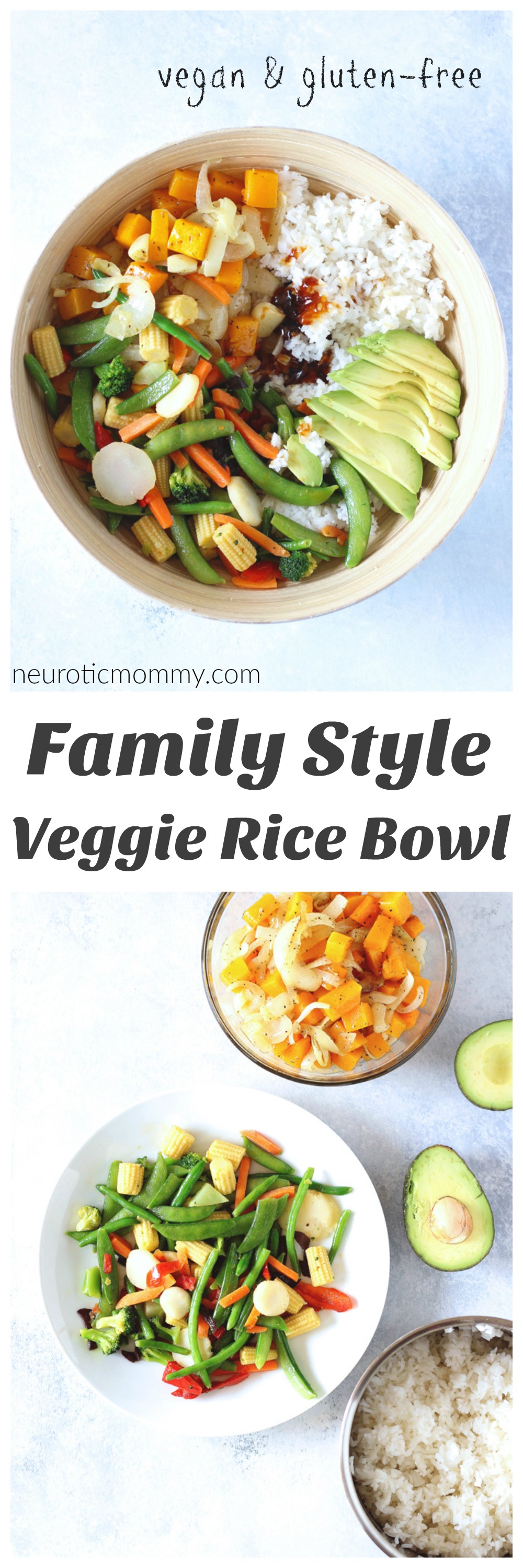 Family Style Veggie Rice Bowl - An easy, healthy meal the whole family can get in on! Loaded with all sorts of veggies. Feel free to add whatever else you like. NeuroticMommy.com #vegan #family #dinner