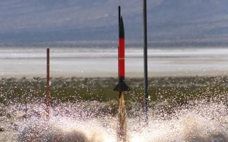 UC Irvine students’ winter-quarter 2024 rocket blasts off from the Mojave Desert testing site.