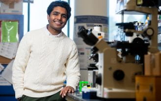 Third-year microbiology and immunology student Ritwik Kumar researches bacteriophages—viruses that infect bacteria, not human cells.