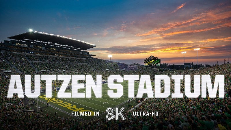 Panoramic view of Autzen Stadium at sunset during a game