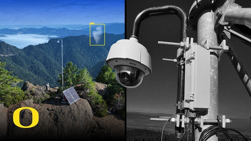 Photo of a wildfire camera site next to a closeup of the camera