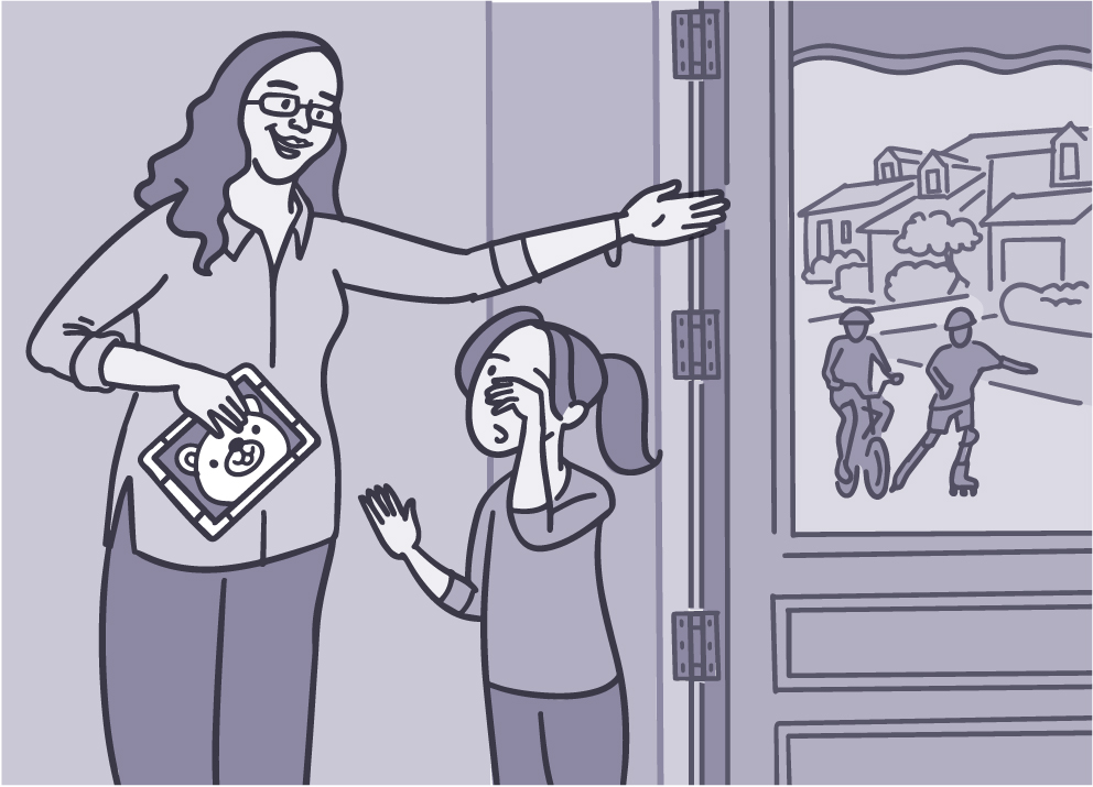 Illustration of a mom holding a tablet while showing her daughter the kids outside, while the child rubs her eyes.