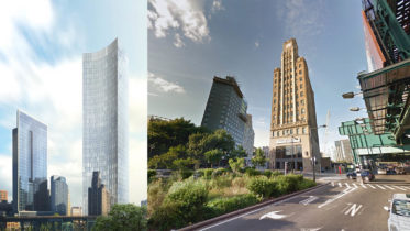 Queens Plaza Park, rendering courtesy the Durst Organization (left) and Long Island City Clock Tower, via Google Maps (right)