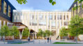 Rendering of the Canal Crossing Charter Public School Campus central plaza and commons building - KSS Architects