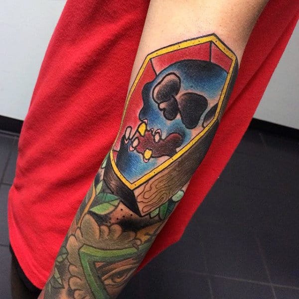 3d Blue Skull With Coffin Mens Sleeve Tattoo