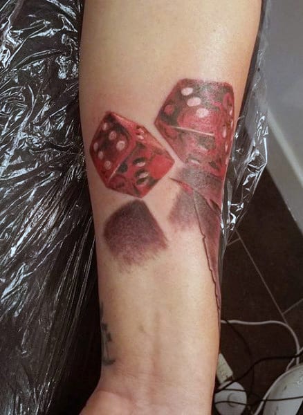 3d Mens Tattoo Of Red Rolling Dice With Shadowing