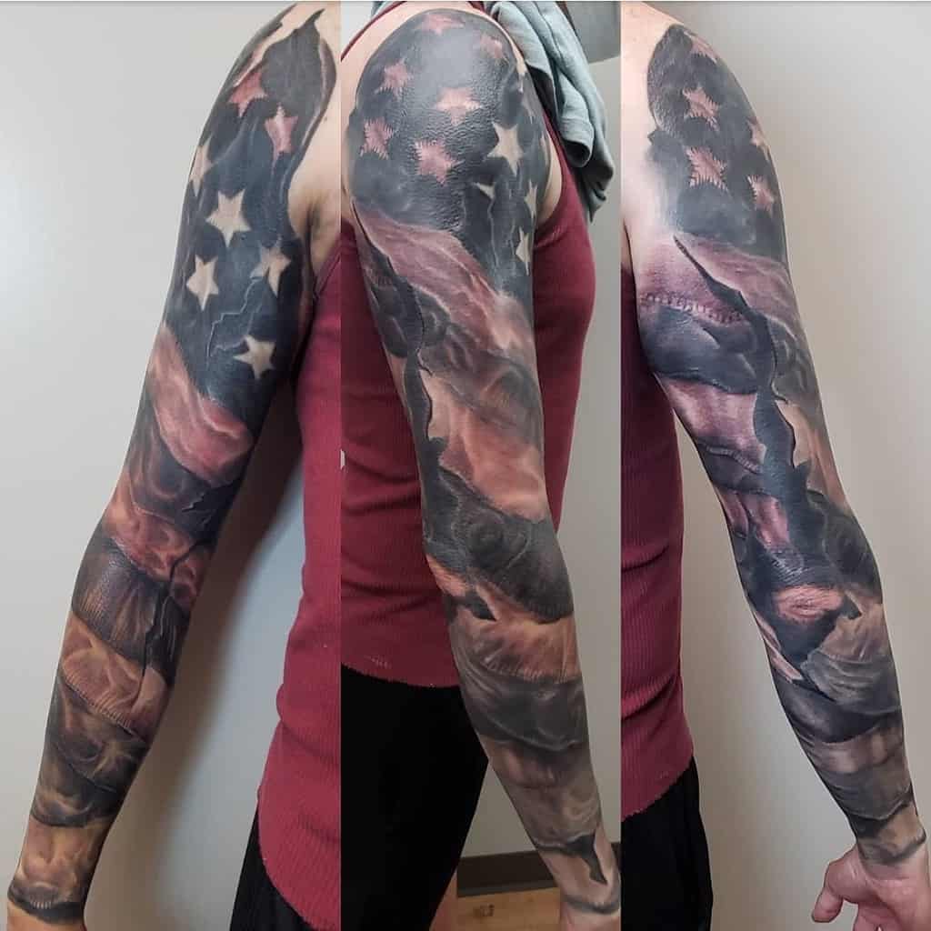 Arm with American flag tattoo sleeve