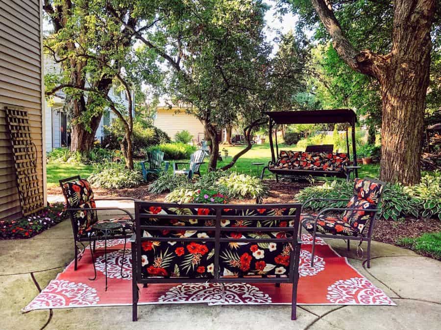 budget patio with floral cushion seating 