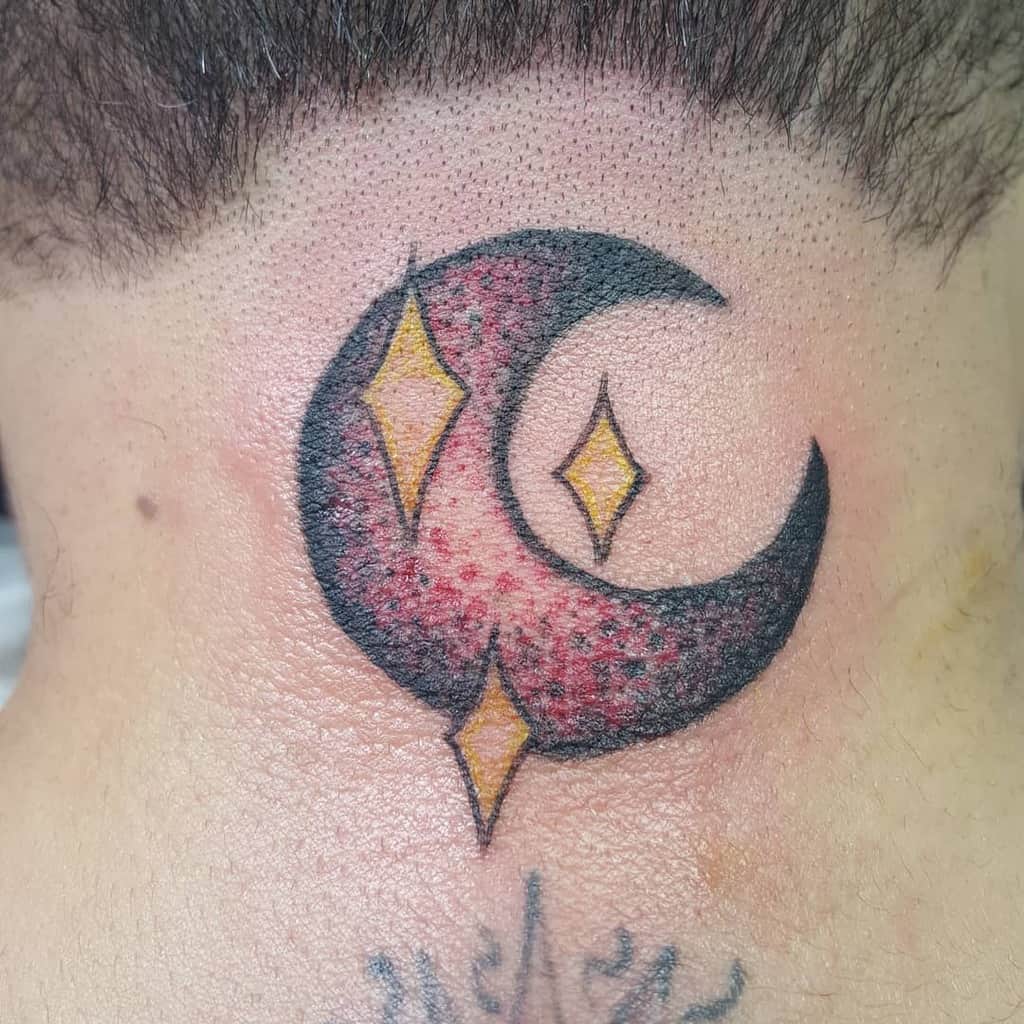 Neck tattoo of a crescent moon adorned with three diamond-shaped stars in vibrant red, yellow, and black