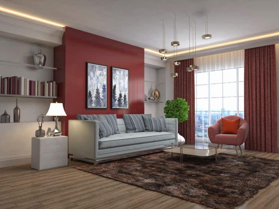 dark red accent wall luxury apartment living room