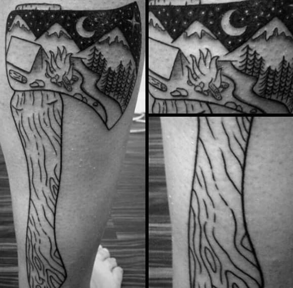 Amazing Mens Camping Axe Leg Tattoo Designs