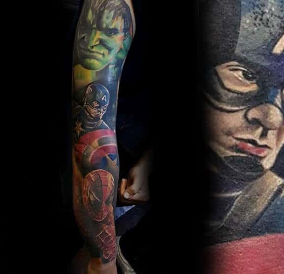 Amazing Sleeve Tattoo Of Marvel Superheros For Gentlemen