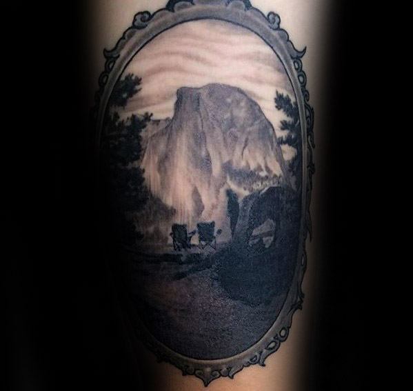 Arm Realistic Guys Camping Mirror Frame Tattoo Design Ideas