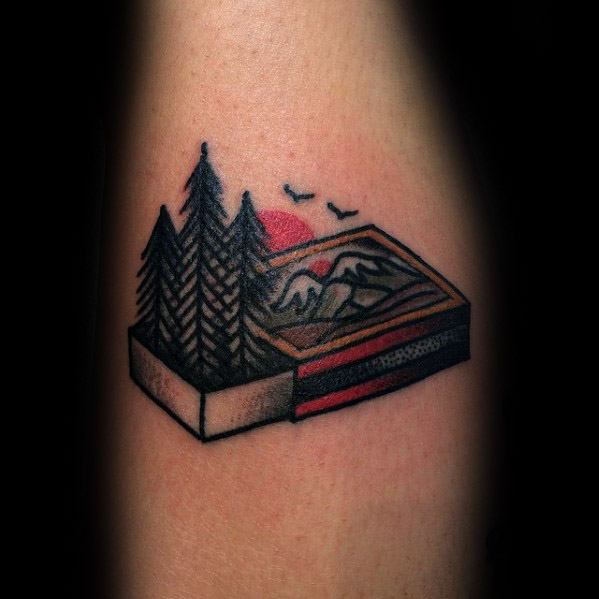 Arm Small Matchbox Pine Trees Camping Tattoo On Men