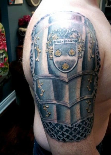 Armor Plate Mens Family Crest Tattoo On Arm