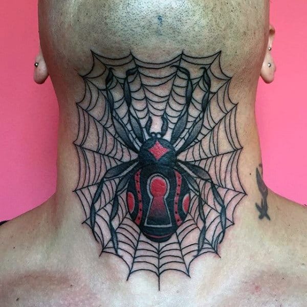 Neck tattoo of a black widow spider on a web with bold red and black accents