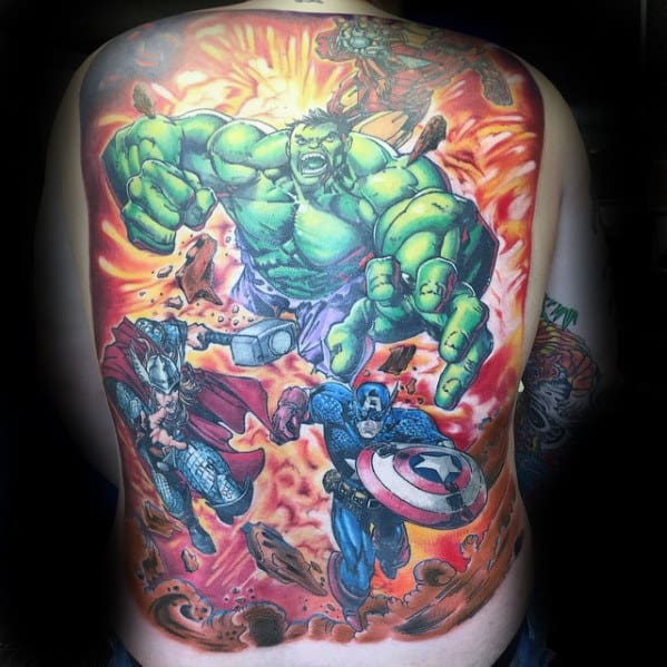 Awesome Guys Marvel Full Back Tattoos