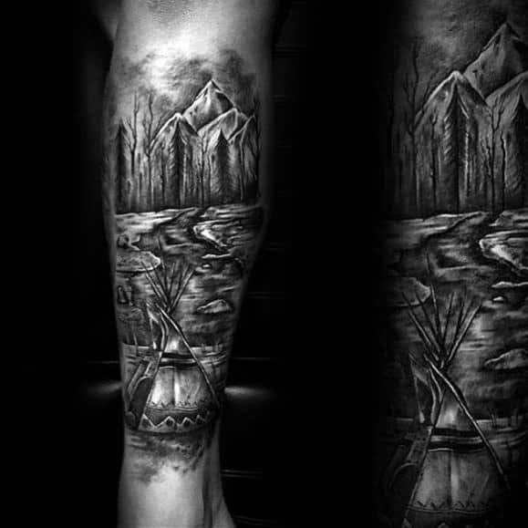 Back Of Leg Artistic Male Camping Tattoo Ideas