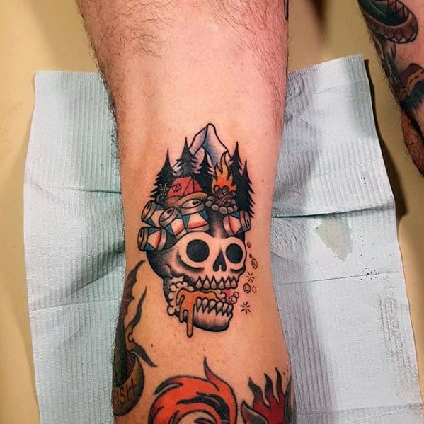 Back Of Leg Skull Camping Male Tattoos