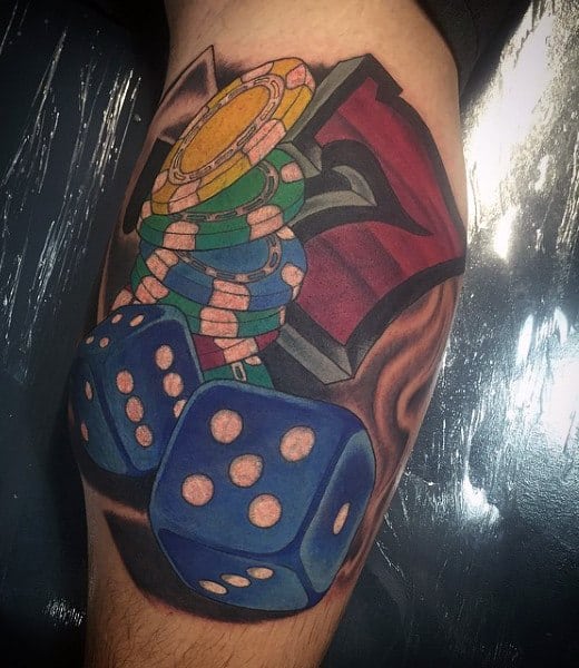 Blue 3d Dice Tattoo For Men On Leg Calf