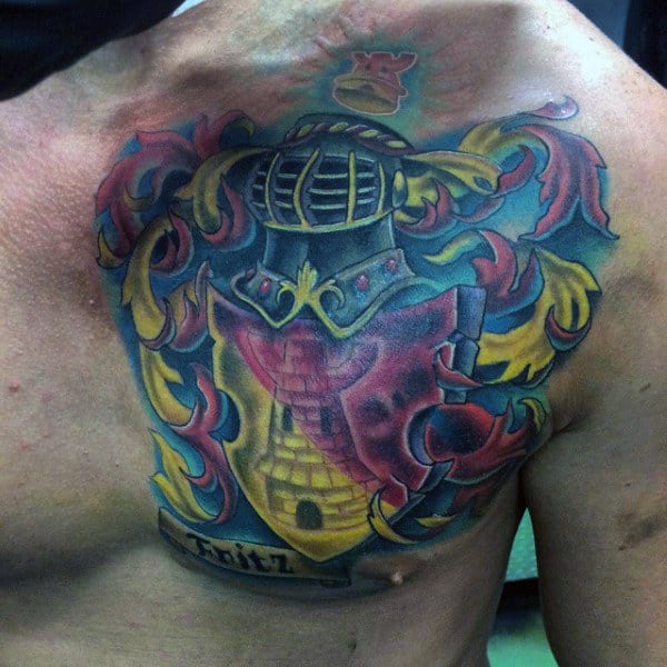 Bright Color Family Crest Tattoo For Men On Right Chest