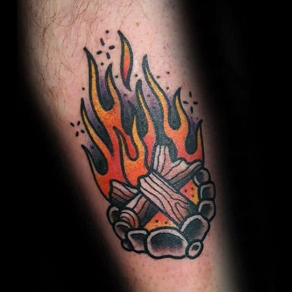 Camping Log Fire Traditional Inner Forearm Male Tattoo Designs