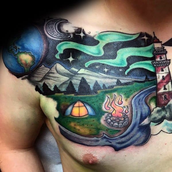 Chest Distinctive Male Camping Tattoo Designs