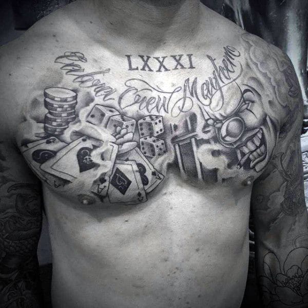 Chest Playing Cards And Dice Tattoo For Guys