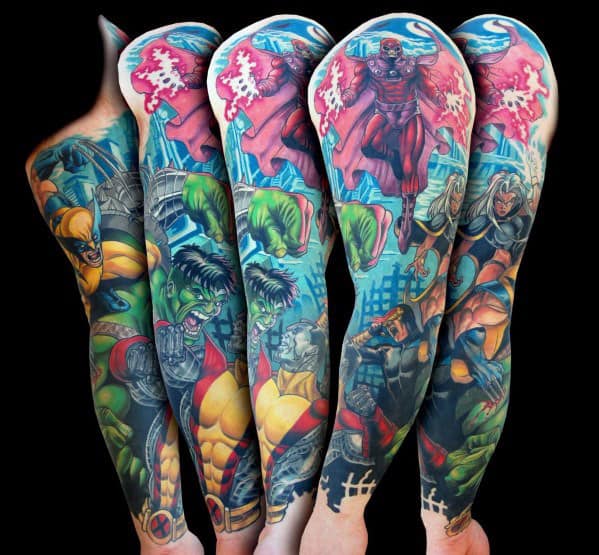 Colorful Male Marvel Sleeve Tattoo Ideas