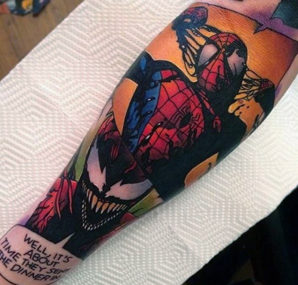 Comic Strip Spiderman Tattoo on a Forearm