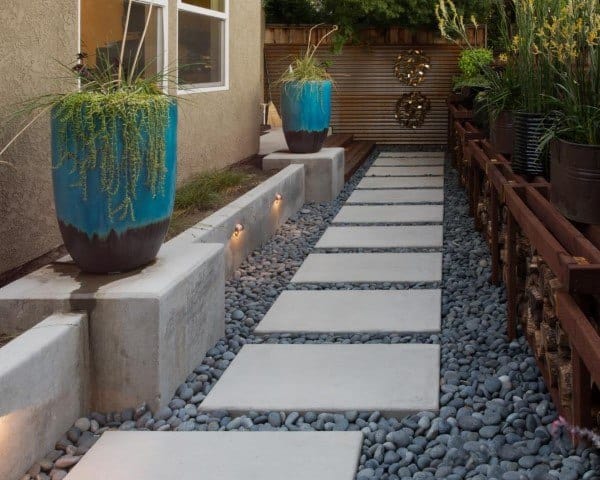 concrete slab pebble rock walkway