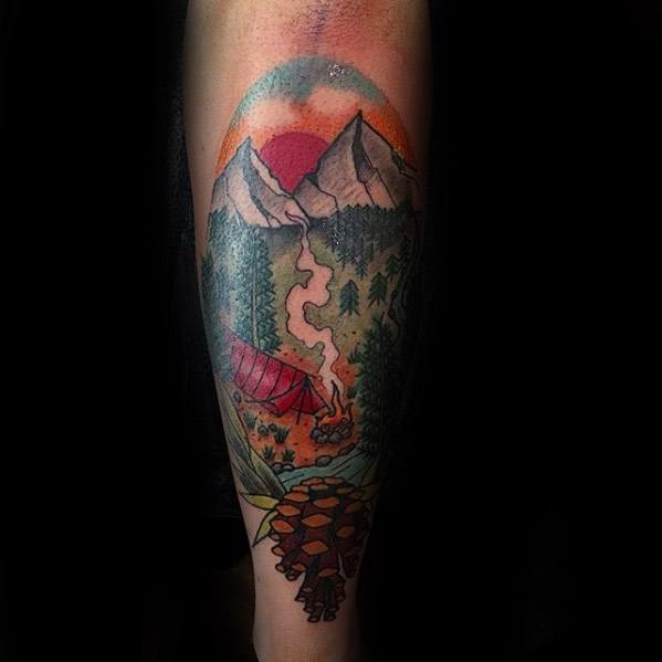 Cool Camping Forearm Tattoo Design Ideas For Male