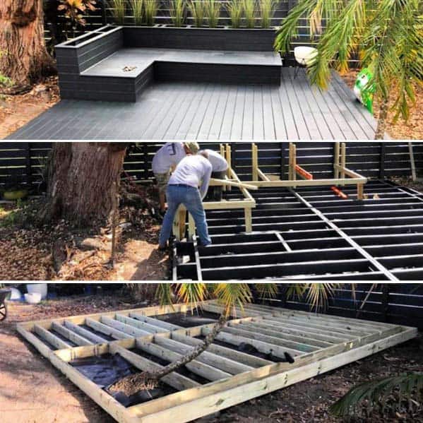 Three-step deck construction: bottom frame, frame with planks, and completed deck with plants and a bench for seating