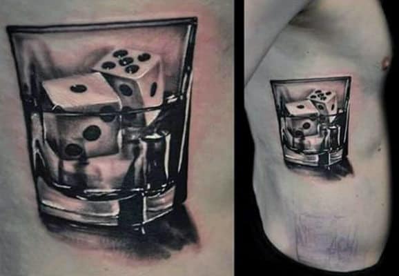 Dice In A Glass Tattoo For Men On Rib Cage Side