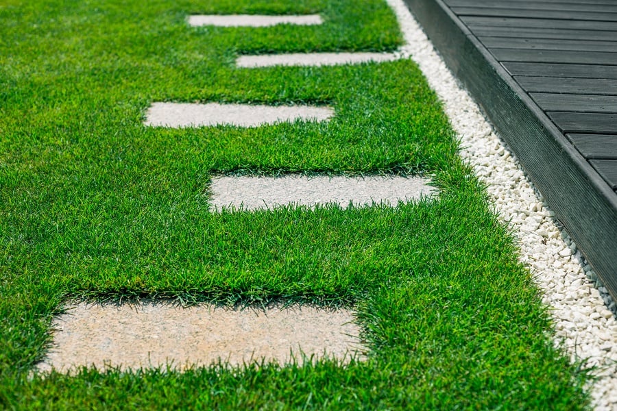 flagstone walkway in grass