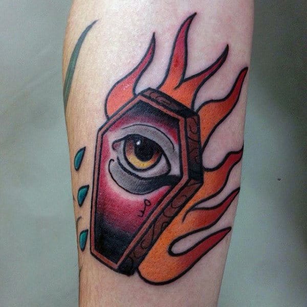 Flaming Eye Coffin Mens Tattoo