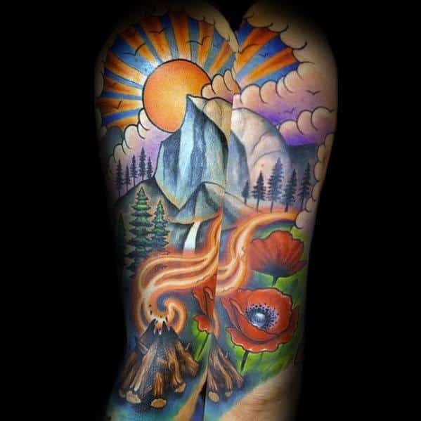 Full Back Colorful Camping Mens Tattoo Ideas