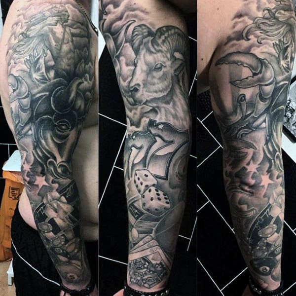 Full Sleeve Lucky Number Seven Dice Tattoo For Guys