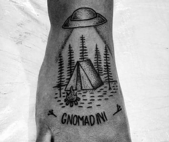 Gentleman With Camping And Alien Spaceship Foot Tattoo