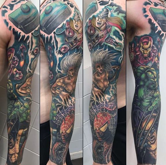 Guys Amazing Marvel Superhero Themed Full Sleeve Tattoos