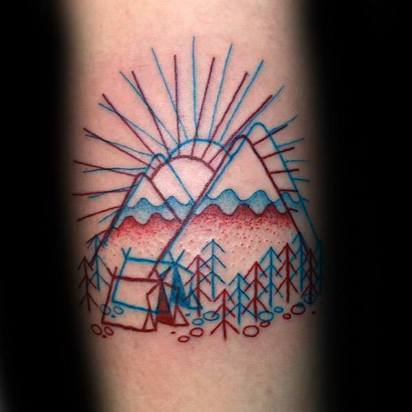 Guys Camping 3d Red And Blue Ink Forearm Tattoo