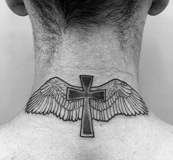 Guys Small Religious Cross With Angel Wings Neck Tattoo