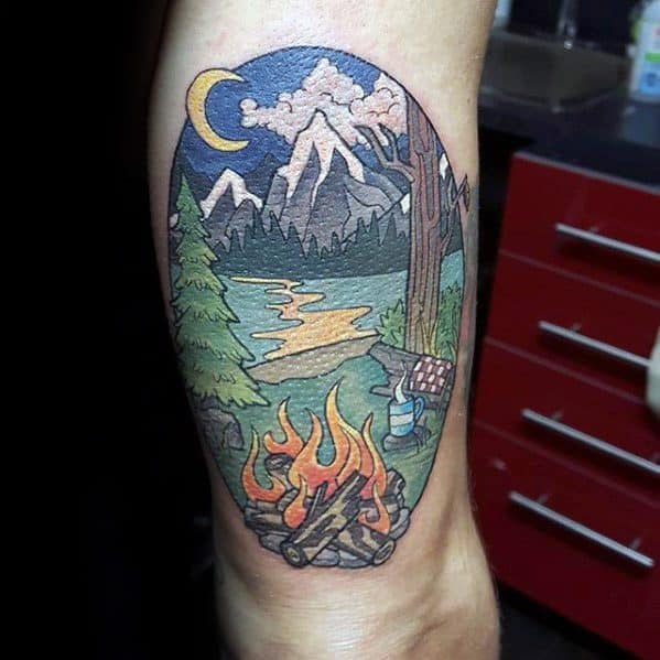 Guys Thigh Tattoos With Camping Design